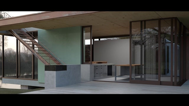 Video Reference: Architecture, Building, House, Stairs, Glass, Room, Interior design, Material property, Facade, Ceiling