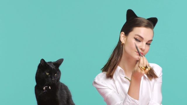 Video Reference: Cat, Hair, Black cat, Felidae, Black, Small to medium-sized cats, Beauty, Skin, Head, Hairstyle, Person