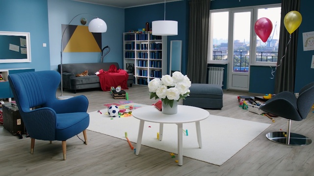 Video Reference: blue, room, interior design, living room, table, furniture, home, house, chair, apartment