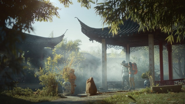 Video Reference: Atmospheric phenomenon, Morning, Chinese architecture, Architecture, Organism, Tree, Sunlight, Temple, Forest, Art