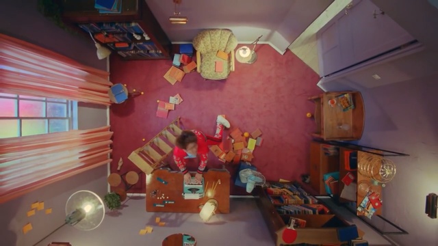 Video Reference: room, interior design, wall, home, play, house, toy, ceiling, art, recreation room, Person