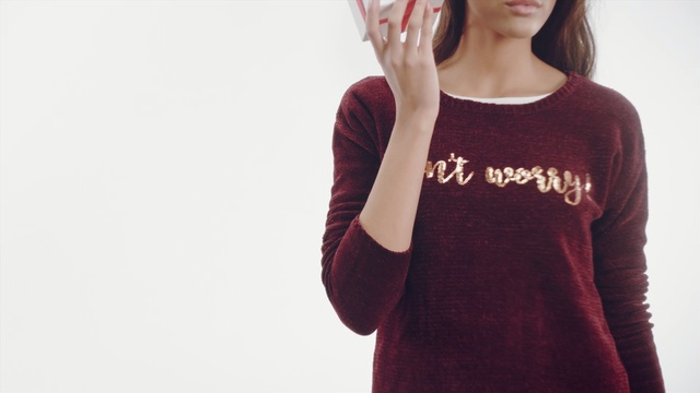 Video Reference: t shirt, shoulder, maroon, sleeve, girl, fashion, joint, neck, font, magenta