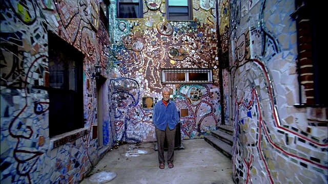 Video Reference: alley, art, tree, neighbourhood, street, graffiti, house, facade, building, street art, Person