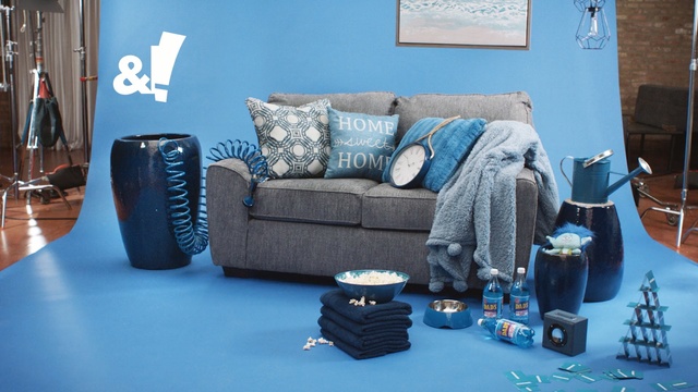 Video Reference: Blue, Couch, Room, Furniture, Living room, Interior design, Table, House, Textile, Home
