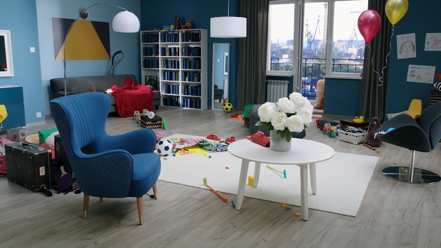 Video Reference: blue, room, interior design, table, furniture, floor, flooring, living room, home, chair