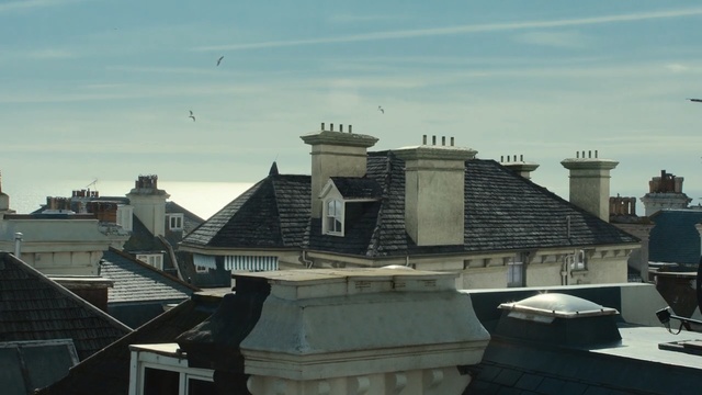 Video Reference: roof, sky, building, residential area, outdoor structure, house, city, skyline, condominium, facade