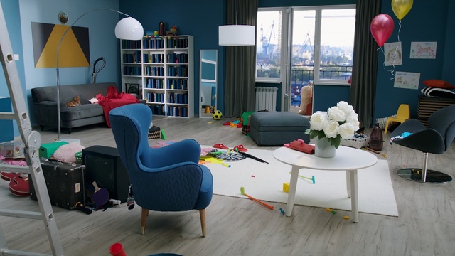 Video Reference: blue, room, furniture, interior design, table, chair, living room, house, office, angle