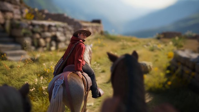 Video Reference: horse, riding, person, hat, red jacket, outdoor, landscape, ruins, trail, grass, travel, equestrian, adventure, blurred foreground, mountain
