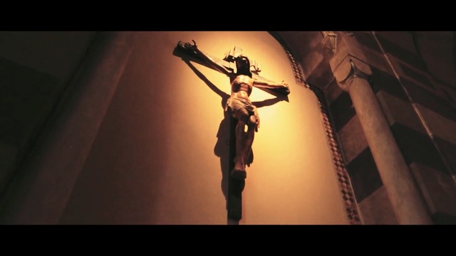 Video Reference: religious item, crucifix, darkness, screenshot, performance art, computer wallpaper, Person