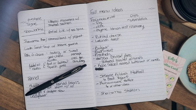 Video Reference: notebook, handwriting, menu planning, food ideas, recipe notes, pen, table, overhead view, open journal, cafe, planning, paper, handwritten list, culinary, menu