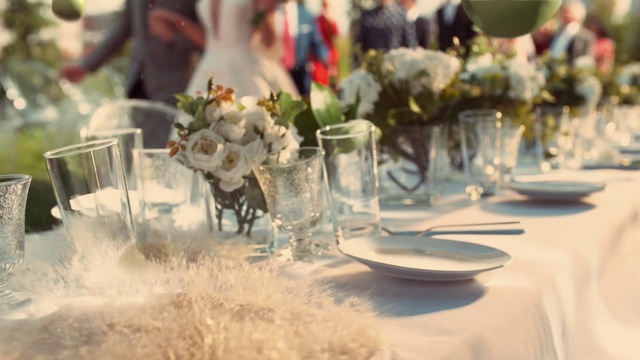 Video Reference: Rehearsal dinner, Banquet, Table, Event, Flower Arranging, Meal, Champagne stemware, Centrepiece, Wedding reception, Tableware