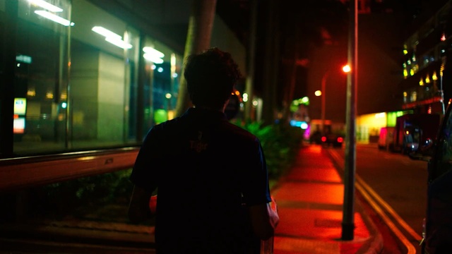 Video Reference: Green, Night, Light, Standing, Snapshot, Darkness, Lighting, Metropolitan area, Neon, Street light, Person, Male