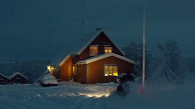 Video Reference: snow, winter, home, sky, house, property, geological phenomenon, lighting, night, cottage