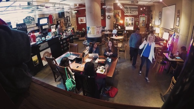 Video Reference: Event, Building, Restaurant, Photography, Room, Coffeehouse, Bar, Pub, Crowd, Leisure