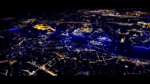 Video Reference: Water, Sky, Night, Aerial photography, Atmosphere, Light, Urban area, Lighting, Earth, City