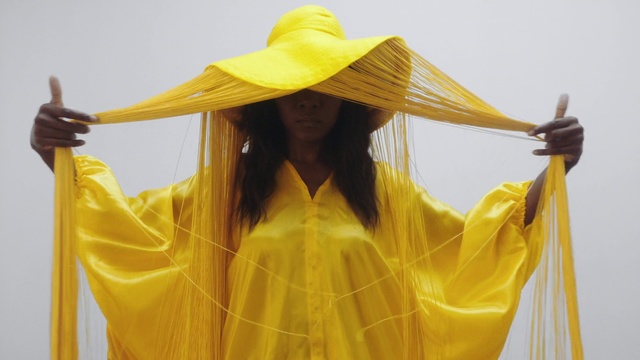 Video Reference: Yellow, Outerwear, Long hair, Headgear, Hat, Fashion accessory, Costume, Raincoat, Plant, Wig