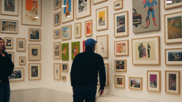 Video Reference: exhibition, art, art exhibition, art gallery, tourist attraction, collection, museum, design, modern art, Person