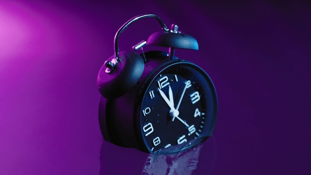 Video Reference: Alarm clock, Purple, Violet, Clock, Watch, Material property, Font, Still life photography, Home accessories, Interior design