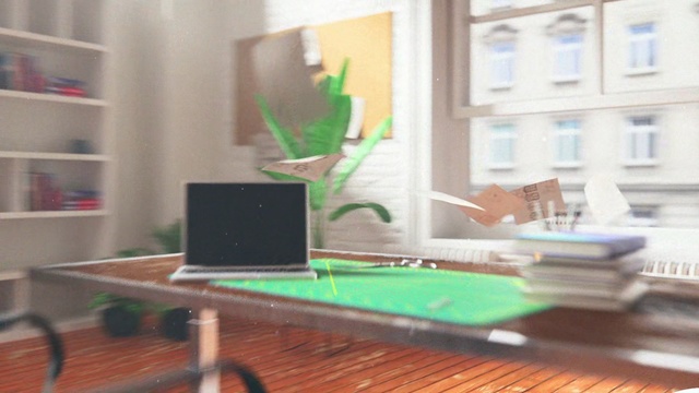 Video Reference: Green, Room, Property, Furniture, Table, Interior design, Desk, Office, Building, Computer desk