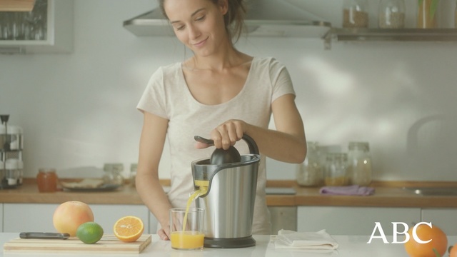 Video Reference: cook, small appliance, kitchen appliance, juice, cooking, cuisine, homemaker, drink, service, food, Person