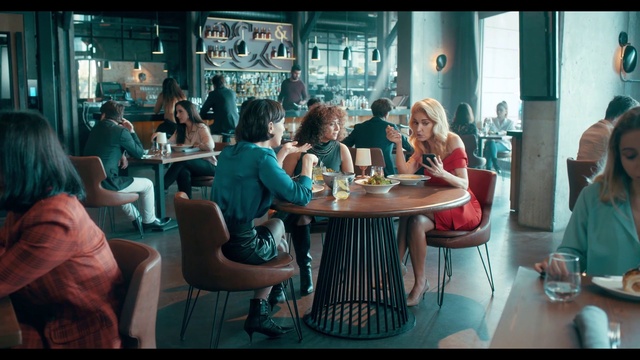 Video Reference: Restaurant, Turquoise, Snapshot, Table, Fun, Meal, Room, Sitting, Conversation, Leisure