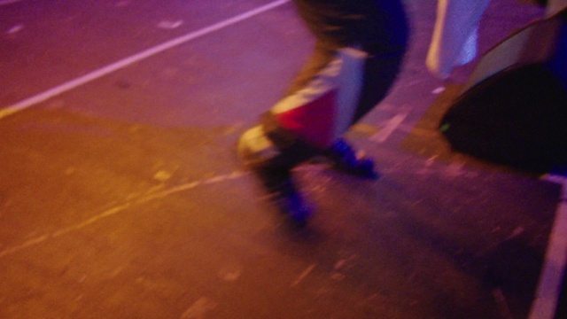 Video Reference: Footwear, Light, Floor, Roller skating, Purple, Hardwood, Leg, Flooring, Roller skates, Performance