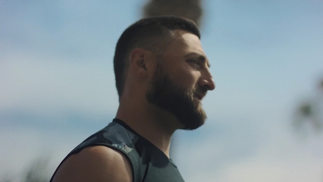 Video Reference: man, facial hair, beard, sky, chin, human, muscle, fun, neck, moustache