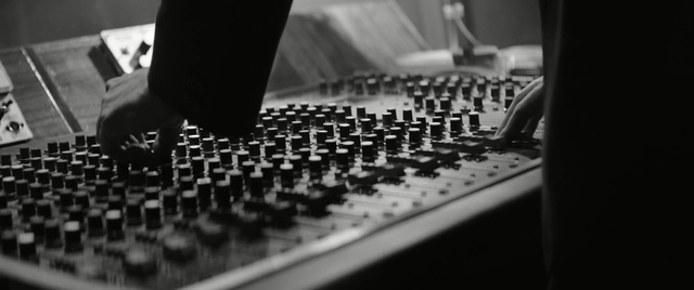 Video Reference: black and white, mixing console, audio equipment, electronic instrument, computer keyboard, musical instrument accessory, monochrome photography, mixing engineer, audio, sound