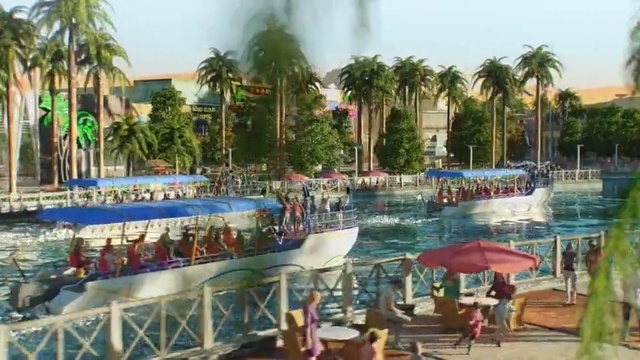 Video Reference: waterway, resort, leisure, swimming pool, water park, amusement park, tourism, tourist attraction, recreation, palm tree, Person