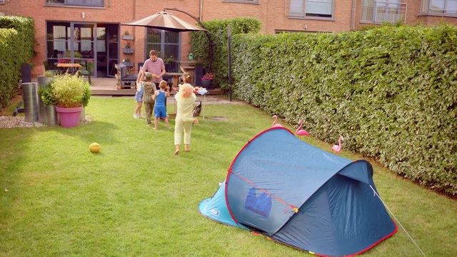 Video Reference: Grass, Lawn, Yard, Backyard, Tent, Play, Tree, Leisure, Garden, Recreation