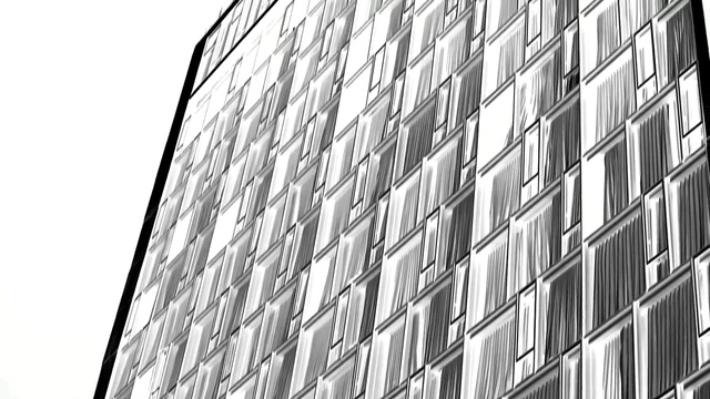 Video Reference: Architecture, Commercial building, Building, Daytime, Facade, Line, Tower block, Black-and-white, Metropolitan area, Corporate headquarters