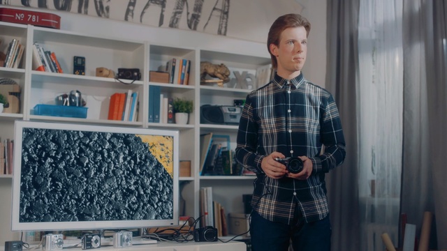 Video Reference: blue, design, product, window, pattern, plaid, Person