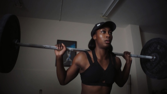 Video Reference: girl, weightlifter, exercise equipment, weight training, barbell, shoulder, physical fitness, chin, bodypump, gym, arm, Person