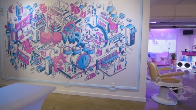 Video Reference: purple, pink, art, wall, mural, interior design, exhibition, design, graffiti, modern art, Person