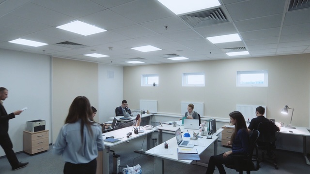 Video Reference: Office, Building, Job, Room, Ceiling, Company, Interior design, Training, Service, Person