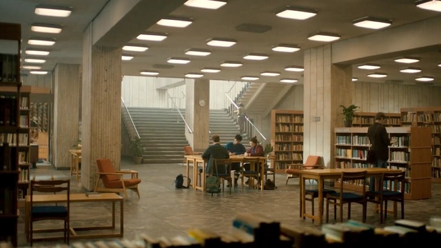 Video Reference: library, public library, interior design, organization, daylighting, lobby, ceiling, Person