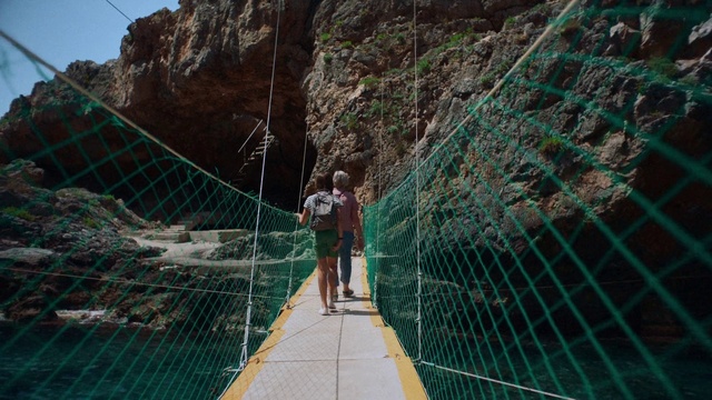 Video Reference: Suspension bridge, Bridge, Rope bridge, Inca rope bridge, Water, Canopy walkway, Tree, Net, Fun, Vacation