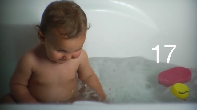 Video Reference: Bathing, Bathtub, Child, Skin, Baby, Nose, Plumbing fixture, Cheek, Toddler, Eye