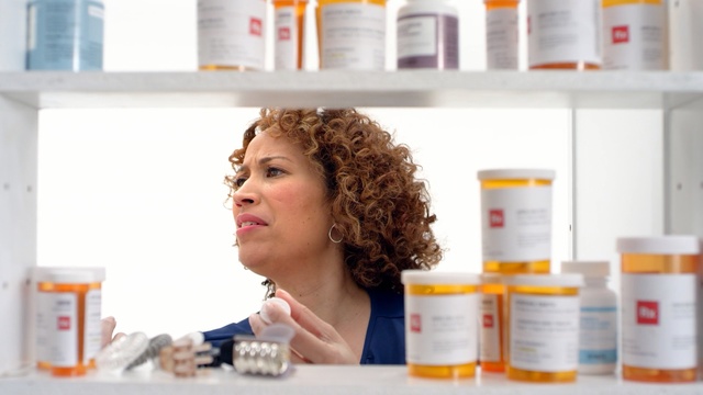 Video Reference: Pill, Medicine, Product, Skin, Prescription drug, Pharmaceutical drug, Pharmacy technician, Beauty, Pharmacy, Lip, Person, Indoor, Bottle, Woman, Sitting, Holding, Table, Food, White, Man, Young, Kitchen, Plate, Refrigerator, Standing, Human face, Text