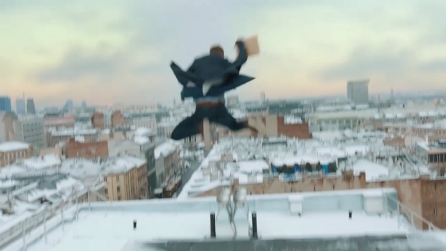 Video Reference: Urban area, Extreme sport, Roof, Snow, City, Urban design, Street stunts, Winter, Building, Freestyle walking, Person