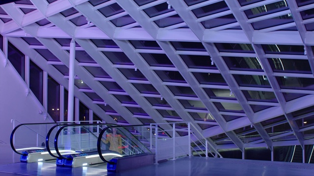 Video Reference: Ceiling, Purple, Architecture, Violet, Building, Daylighting, Design, Steel, Lobby, Metal