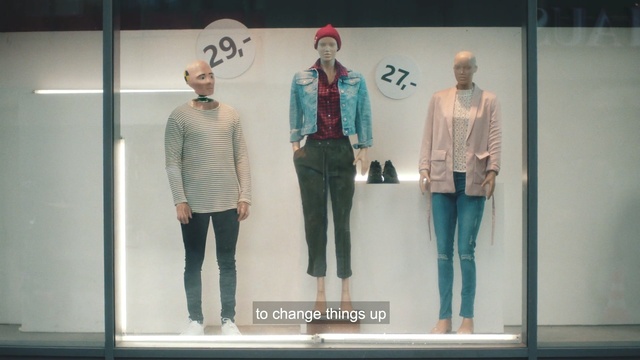 Video Reference: Fashion, Clothing, Mannequin, Fashion design, Standing, Outerwear, Display window, Jeans, Pattern, Design, Person