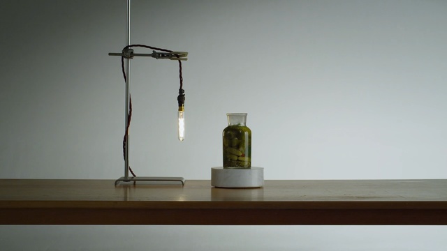 Video Reference: light fixture, lamp, table, glass, shelf, furniture, Person