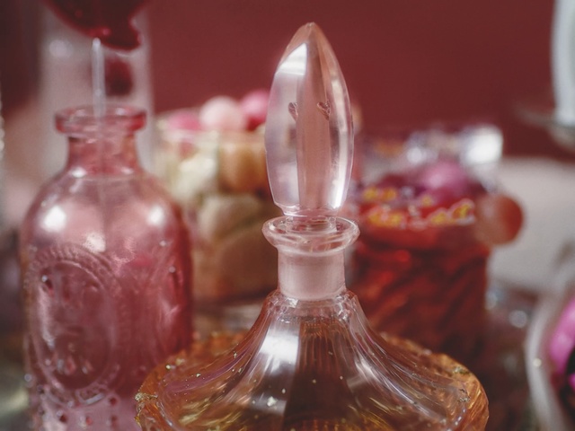 Video Reference: Bottle, Pink, Glass bottle, Perfume, Glass, Bottle stopper & saver, Barware, Decanter