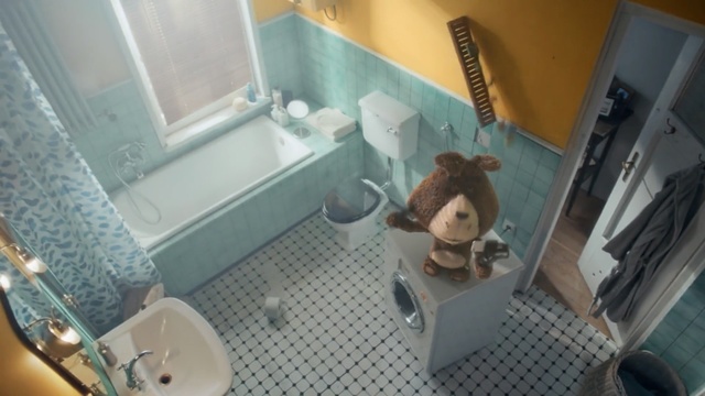 Video Reference: Bathroom, Room, Toilet, Tile, Plumbing fixture, Floor, Toy