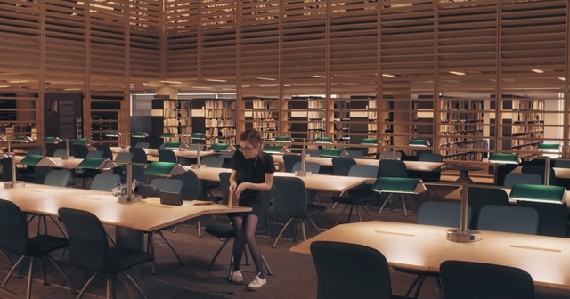 Video Reference: library, public library, restaurant, cafeteria, furniture, conference hall, organization, table, function hall, interior design