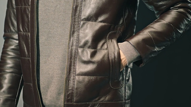 Video Reference: leather, jacket, textile, leather jacket, outerwear, material, denim, jeans, fur, top