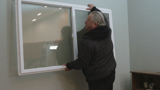 Video Reference: shoulder, window, glass, door, floor, mirror, flooring, interior design, window screen