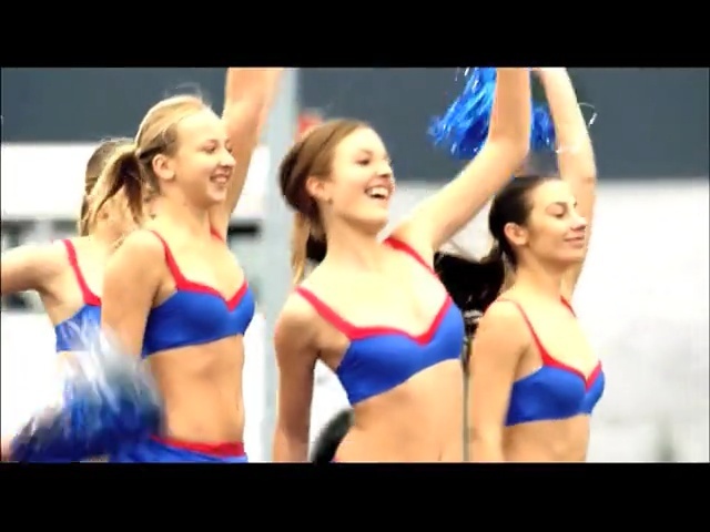 Video Reference: blue, clothing, sport venue, physical fitness, active undergarment, undergarment, abdomen, cheerleading, thigh, fun, Person