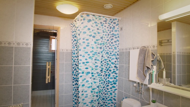 Video Reference: Bathroom, Room, Property, Tile, Wall, Turquoise, Interior design, Ceiling, Real estate, Shower curtain